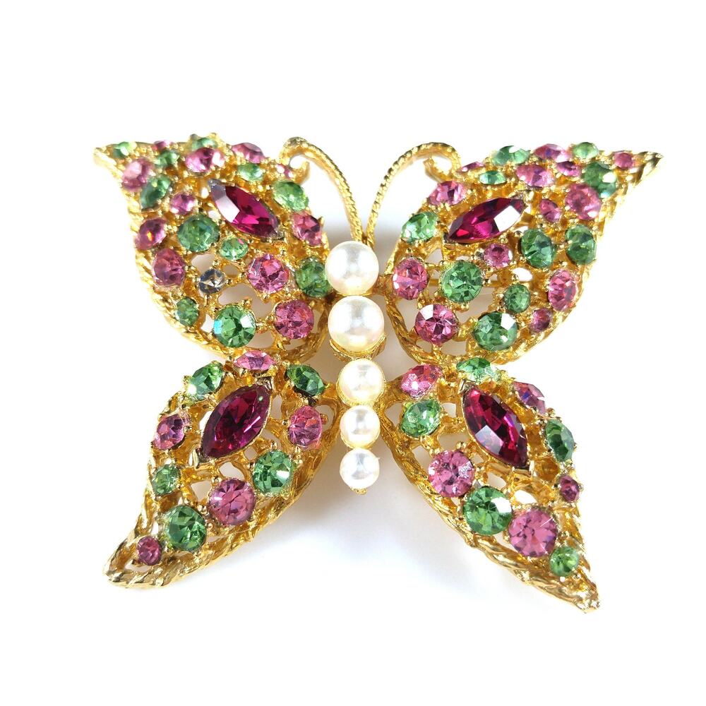 Vintage Pastel Rhinestone Butterfly Brooch, Faux Pearls, Uranium Glass, Vintage